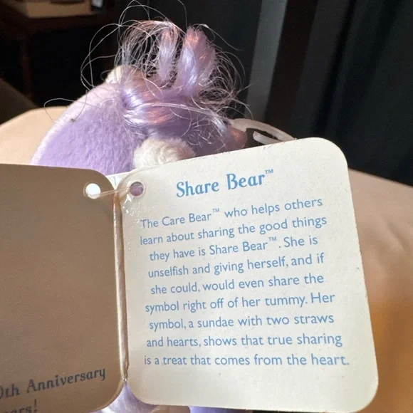 Care Bears Share Bear 20th Anniversary Collectors Edition Plush NWT Purple - Picture 5 of 5